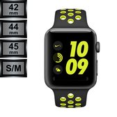 Compatible Apple Watch Bandje - Silicone Sportbandje Nike Look - Apple iWatch Series 1/2/3/4/5/6/SE/7/8 - 42/44/45mm S/M - Zwart / Volt