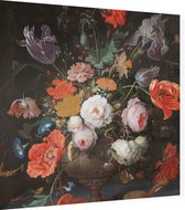 Stilleven met bloemen en een horloge, Abraham Mignon - Foto op Dibond - 60 x 60 cm