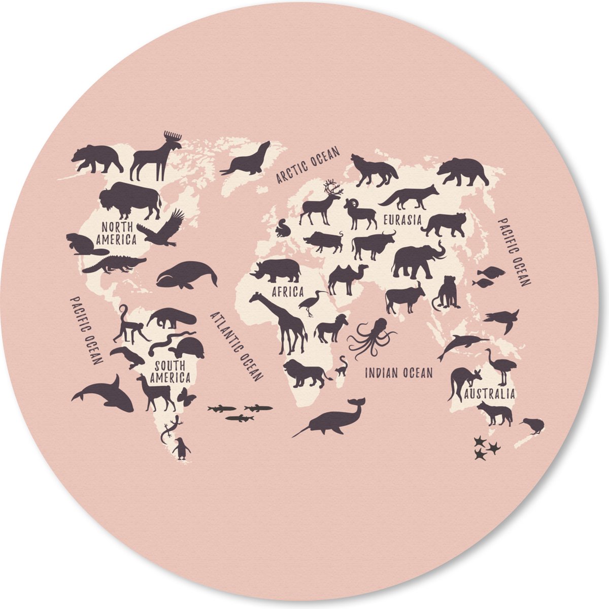 Muismat rond 30x30 cm - Mousepad Wereldkaart Kinderen - Roze - Dieren - Ronde muismatten