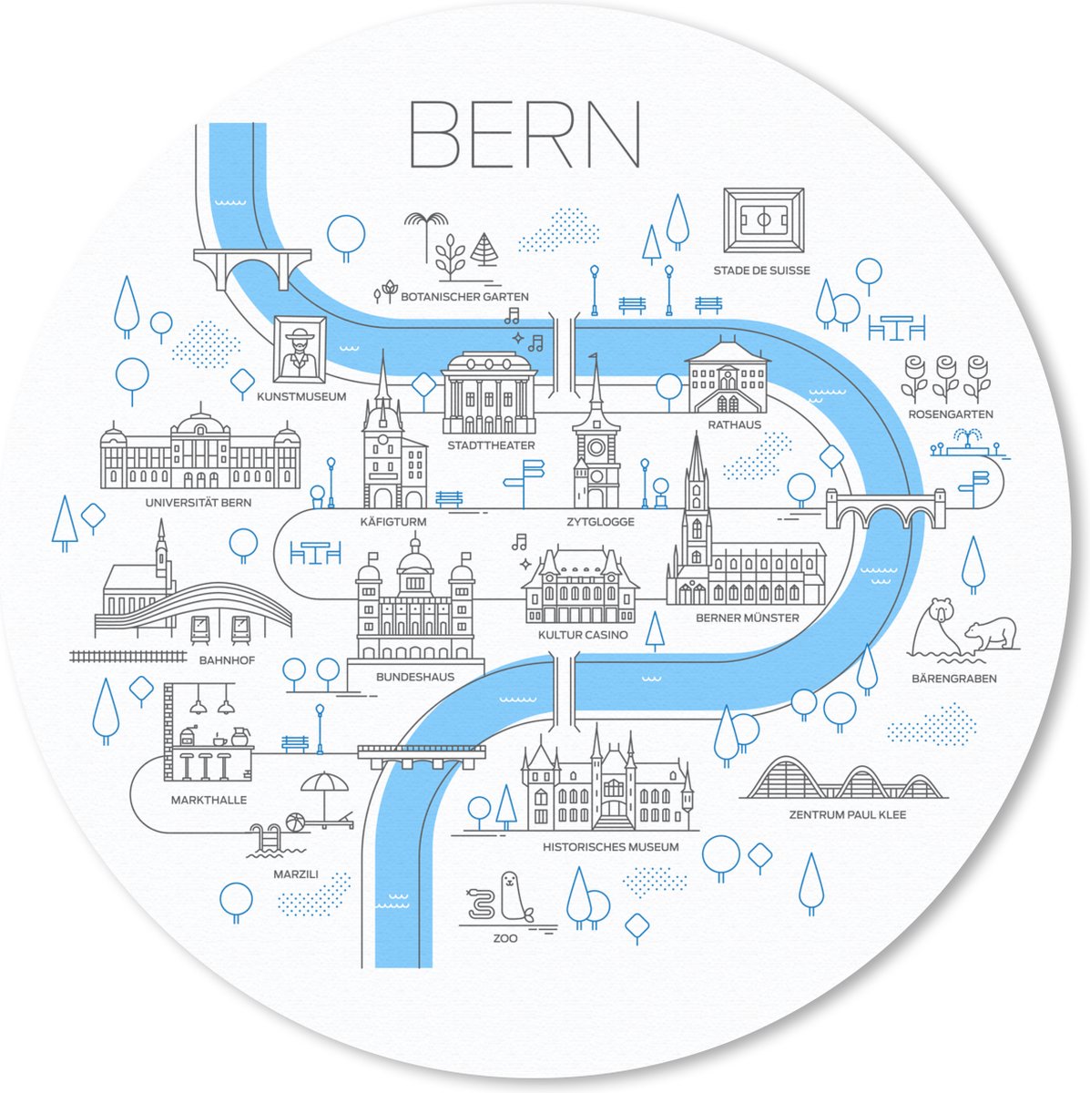 Muismat rond 30x30 cm - Mousepad Kaart - Bern - Illustratie - Simpel - Ronde muismatten