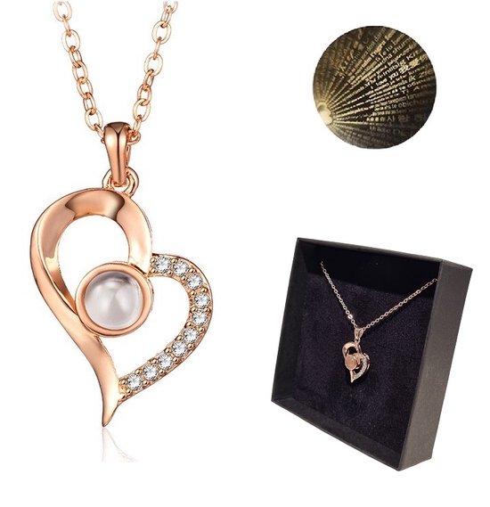 GreatGift® - Rosé Gouden Special Hartjes ketting - Ik Hou Van Je Ketting - Magische ketting - 100 talen ketting - Cadeautip - In luxe geschenkverpakking