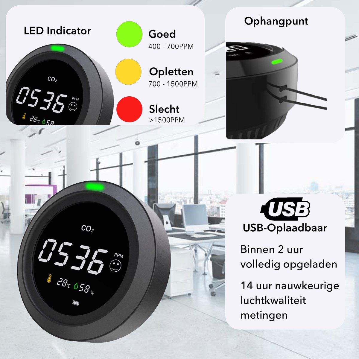 BS® CO2 Meter Binnen - Wifi Hygrometer en Thermometer - CO2 Melder Horeca  