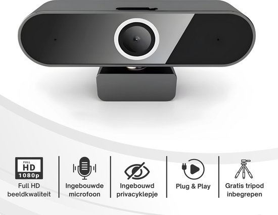 Webcam FOREXA pour PC et ordinateur portable avec trépied gratuit et Protection de la vie privée - Microphone intégré - Full HD 1080P - Convient pour Windows / Mac OS / Android / Linux - Zoom/ Microsoft Teams / Skype - USB Plug and Play - Zwart