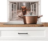 Spatscherm keuken 70x50 cm - Kookplaat achterwand Doorkijk - Schotse Hooglander - Raam - Muurbeschermer - Spatwand fornuis - Hoogwaardig aluminium - Alternatief voor glazen spatscherm