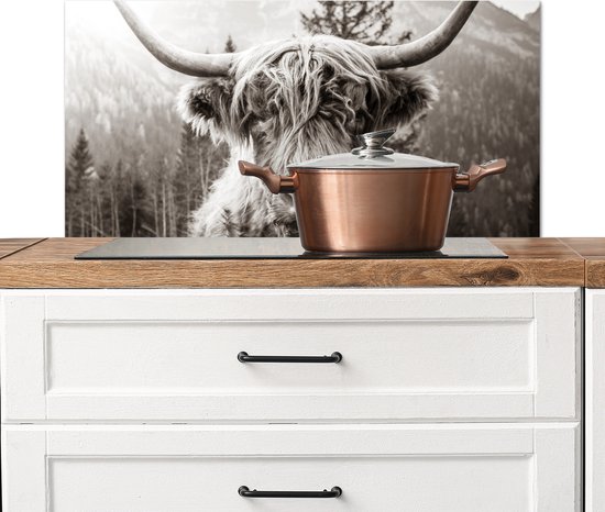 Spatscherm keuken 90x45 cm - Kookplaat achterwand Koe - Schotse Hooglander - Zwart - Wit - Muurbeschermer - Spatwand fornuis - Hoogwaardig aluminium - Alternatief voor spatscherm van glas