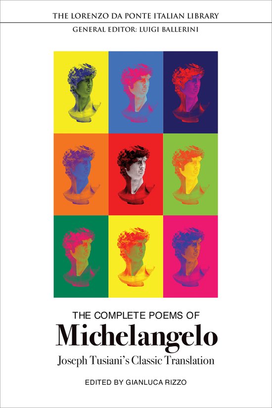 Couverture de livre avec neuf portraits pop art colorés de David de Michel-Ange et le titre The Complete Poems of Michelangelo.