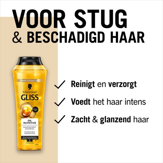 Gliss Oil Nutritive shampoo fles met 100% sterker haar. Reinigt, voedt en maakt zacht en glanzend.