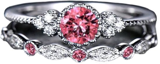 Dames ringen met roze steen (set) - Ring met diamantje rozenkwarts - Ring zilver kleurig staal - dames ringen set van 2 - Roze