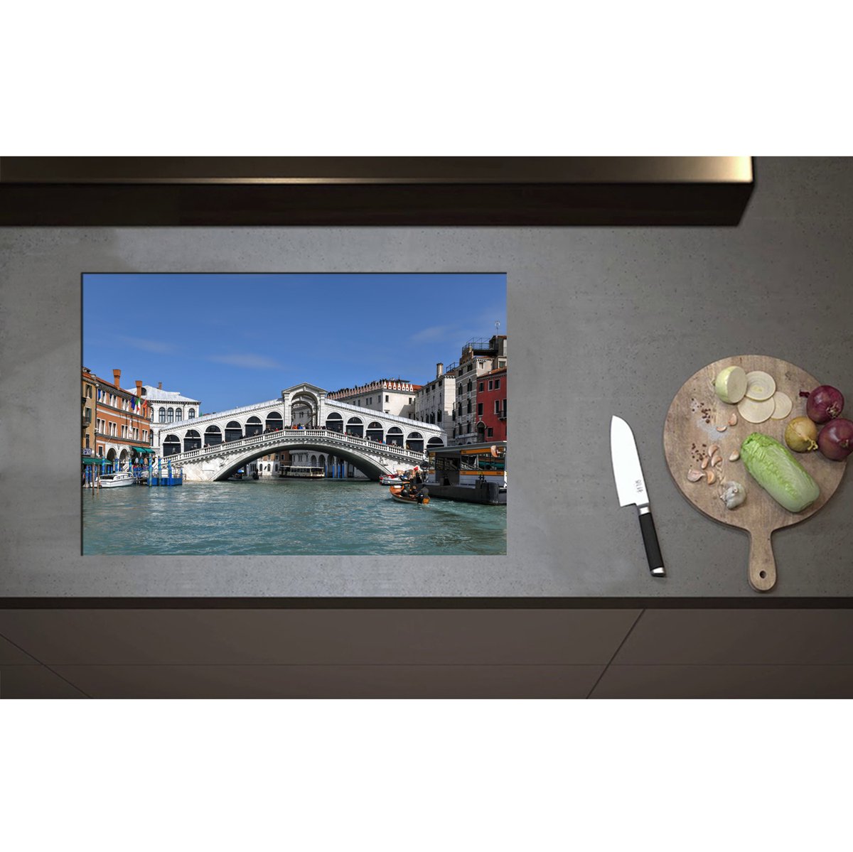 Inductieplaat Beschermer - Blauwe Lucht boven Rialto Brug in Venetië, Italië - 75x50 cm - 2 mm Dik - Inductie Beschermer - Bescherming Inductiekookplaat - Kookplaat Beschermer van Wit Vinyl