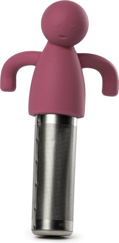 Roze theezeef in de vorm van een mannetje met een roestvrijstalen filter.