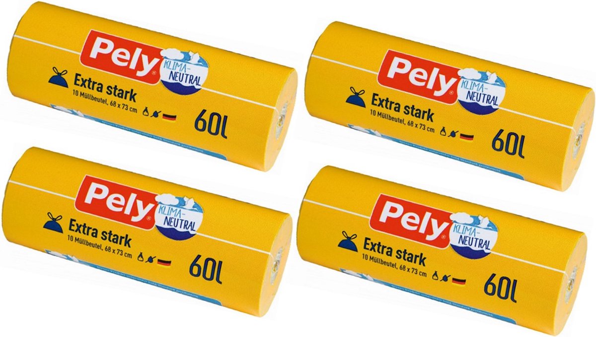 Goedkoopste Pely® | 4 x 10 extra sterke afvalzakken | 60 liter | klimaatneutraal | trekband | 68 x 73cm | multipack