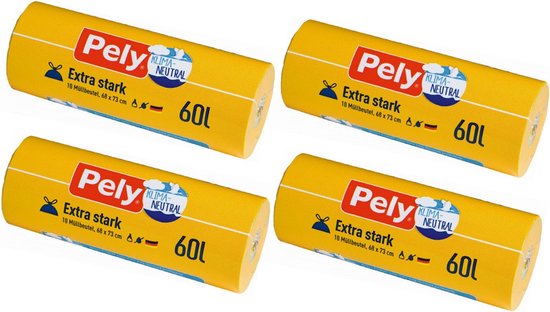 Pely® | 4 x 10 extra sterke afvalzakken | 60 liter | klimaatneutraal | trekband | 68 x 73cm | multipack