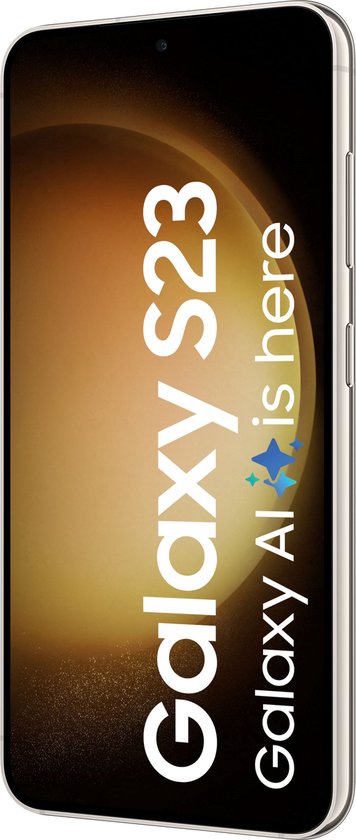 Rechts zijaanzicht van de crème Samsung Galaxy S23 met tekst op het scherm: "Galaxy S23 is here".