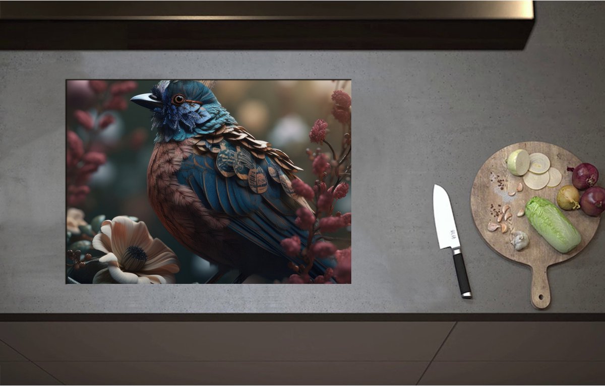 Inductieplaat Beschermer - Blauwe Gaai Vogel met Kleurrijke Veren en Bloemen - 71x51 cm - 2 mm Dik - Inductie Beschermer - Bescherming Inductiekookplaat - Kookplaat Beschermer van Wit Vinyl