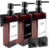 Zeepdispenser wandmontage, shampooflessen om te vullen met 16 waterdichte etiketten, afwasmiddeldispenser zonder boren, badkamerzeepdispenserset, 500 ml, 3 stuks, zwart amber