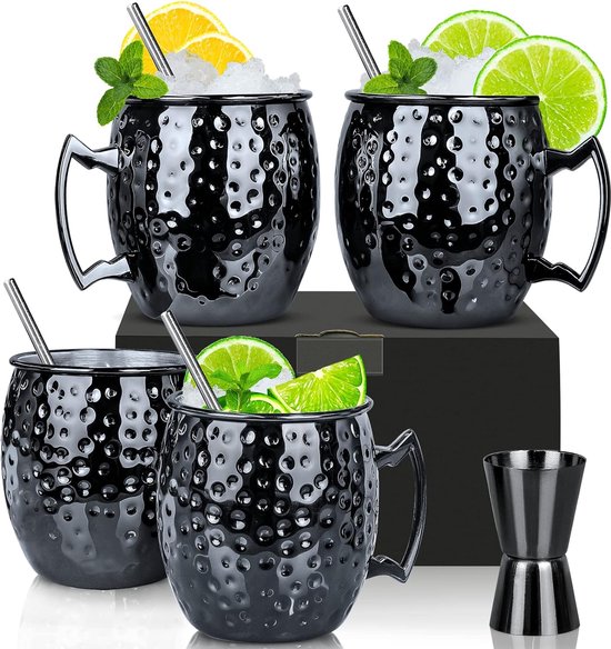 Moskou Mule mokken, set van 4, gunmetal zwart 550ml, Moskou Mule mok met 4 mokken, 4 rietjes, 1 maatbeker voor koude dranken, bier, gin, wodka, cocktails en water