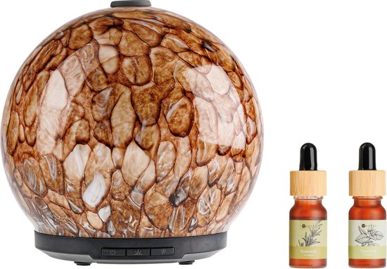 Whiffed Amber® Luxe Aroma Diffuser - Incl. 2x Etherische olie - Rozemarijn - Pepermunt - Geurverspreider met Glazen Design - 8 uur Aromatherapie - Tot 80m2 - Essentiële Olie Vernevelaar & Diffuser