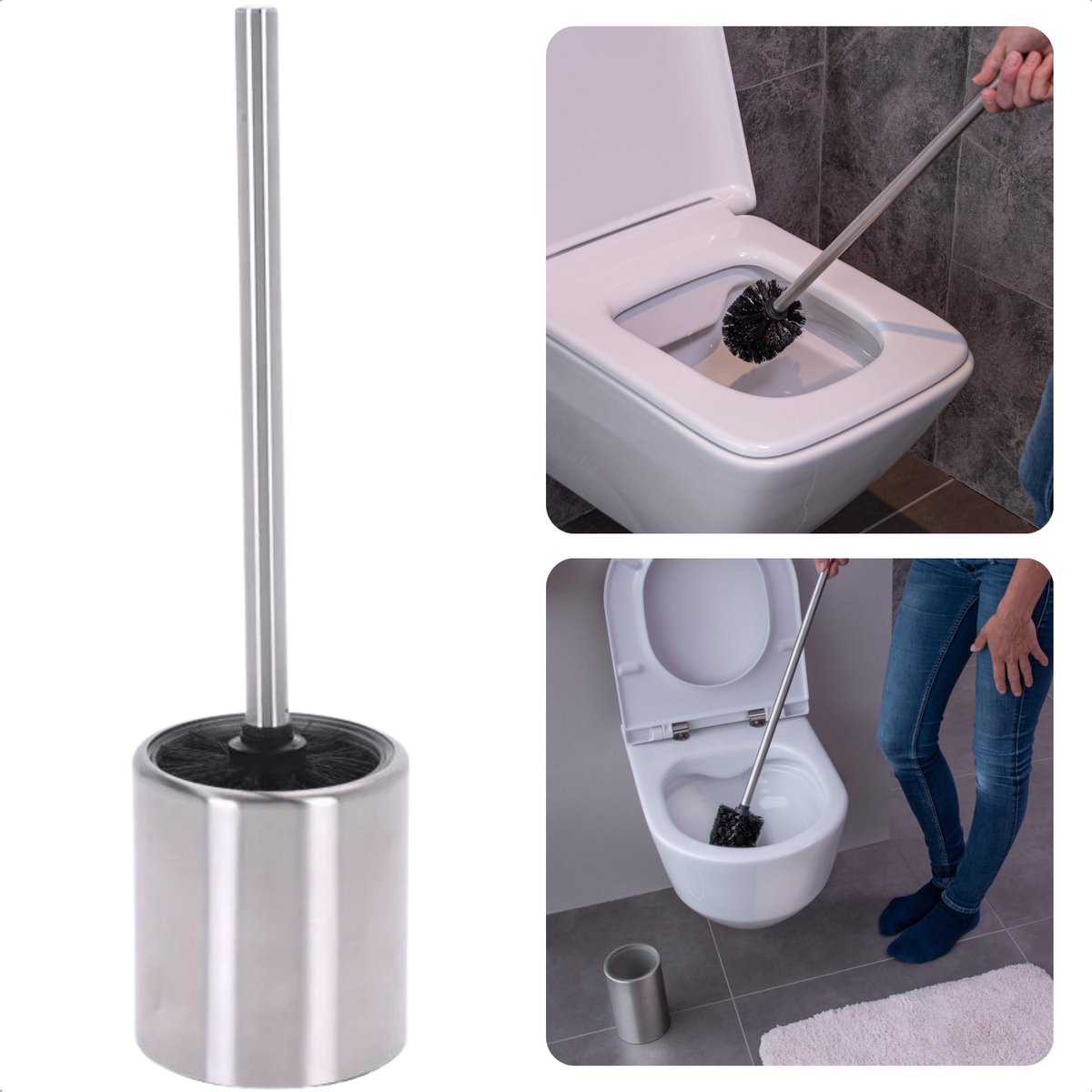 Cheqo® Roestvrijstalen Toiletborstel Met Houder - Stijlvolle Badkamer WC Borstel - 35 cm Hoog - Duurzaam RVS - Elegante Toiletborstelhouder - Toilet Borstel Houder