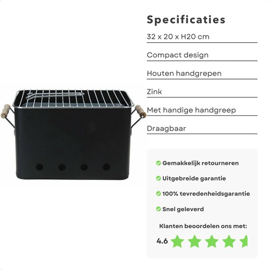 Cheqo® Draagbare BBQ - Kleine Barbecue voor Camping - Houtskoolbarbecue - Compact Ontwerp - 72x24cm - Zwart van Cheqo — afbeelding 4