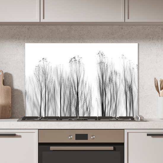 Spatscherm keuken 80x55 cm - Kookplaat achterwand Bomen - Zwart wit - Vogels - Natuur - Muurbeschermer - Spatwand fornuis - Hoogwaardig aluminium