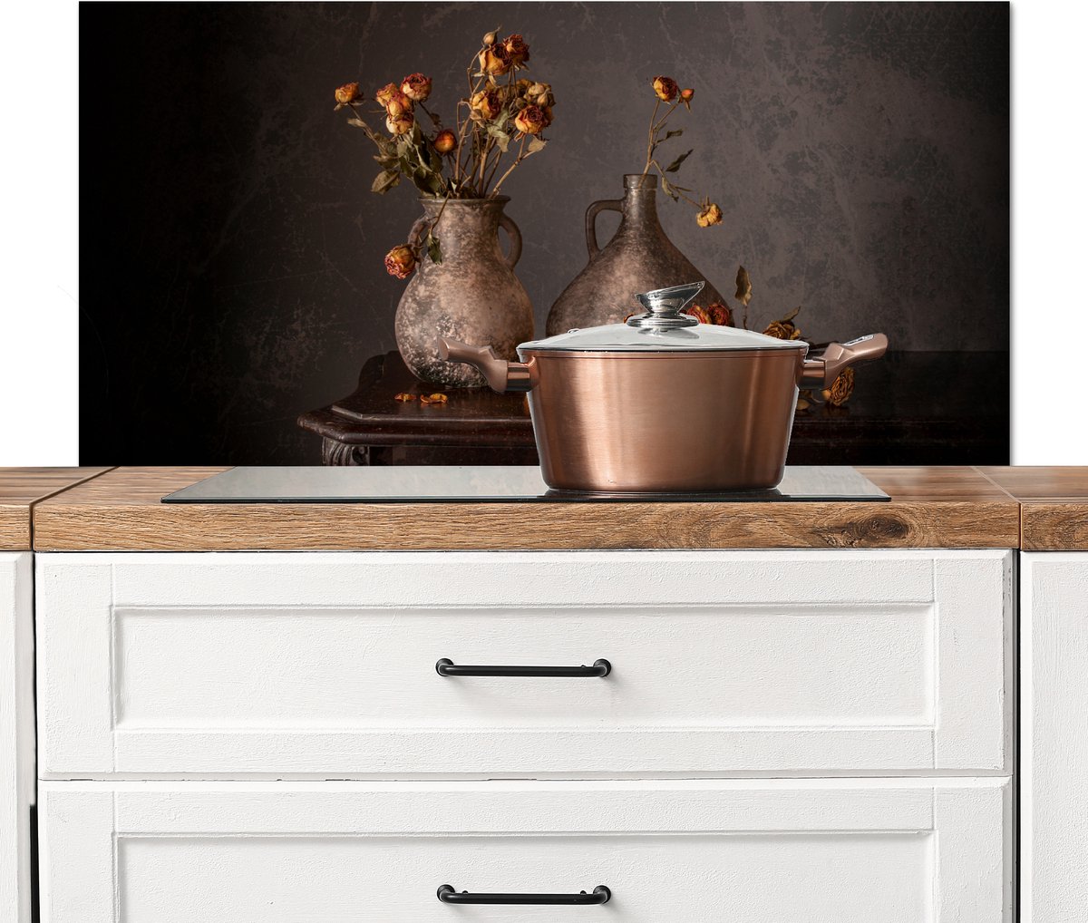 Spatscherm keuken 100x50 cm - Kookplaat achterwand Stilleven - Bloemen - Vaas - Donker - Muurbeschermer - Spatwand fornuis - Hoogwaardig aluminium