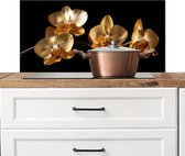 Spatscherm keuken 90x45 cm - Kookplaat achterwand Goud - Orchidee - Bloemen - Zwart - Muurbeschermer - Spatwand fornuis - Hoogwaardig aluminium