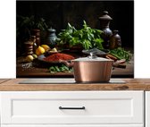 Spatscherm keuken 80x55 cm - Kookplaat achterwand Kruiden - Stilleven - Specerijen - Zwart - Muurbeschermer - Spatwand fornuis - Hoogwaardig aluminium