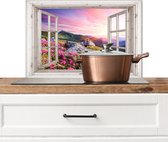 Spatscherm keuken 60x40 cm - Kookplaat achterwand Bergen - Landschap - Doorkijk - Bloemen - Avond - Roze - Muurbeschermer - Spatwand fornuis - Hoogwaardig aluminium