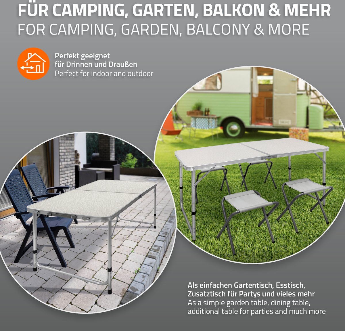 Ensemble Table + 4 Chaises De Camping Pliable – Table Aluminium 120x60cm, Hauteur Réglable, Léger 6,3 Kg, Trou Pour Parasol