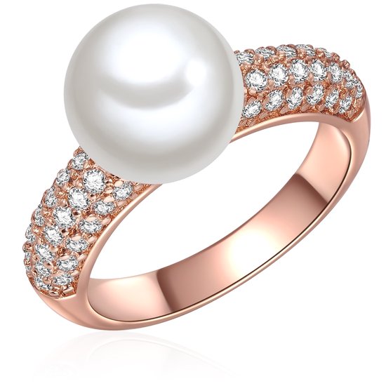 Bague en or avec deux rangées de zircons et une grosse perle blanche.