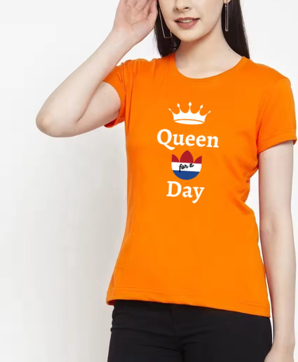 ASTRADAVI Casual Wear - Koningsdag Oranje T-Shirt - Katoenen t-shirt met Nederlandse vlag - Queen For A Day - Oranje / Size 2 (XL/2XL)