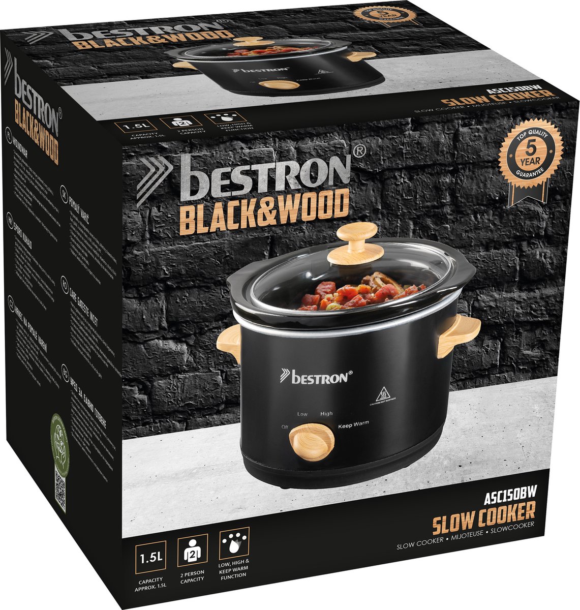 Bestron Slowcooker 120W - ASC150BW - 1.5L - Keramische binnenpan - Zwart/Hout - 5 jaar garantie – foto 5