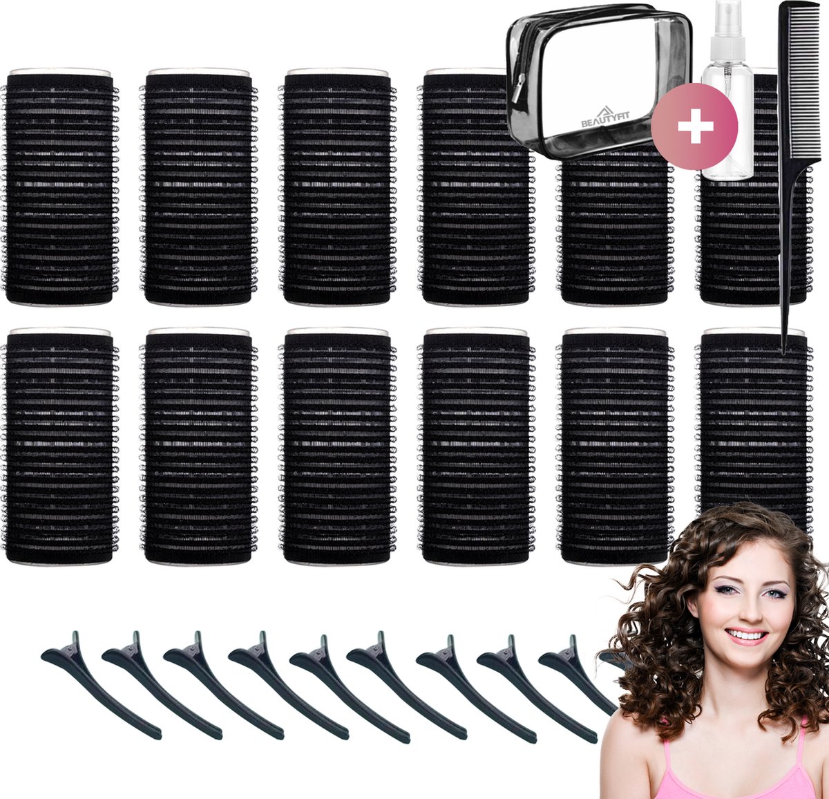 BeautyFit® - Kleefrollers 27-delig - Inclusief E-book - Heatless Curls + Waterspray + Haarkam + Opbergbag - Krulspelden - Krulspelden Rollers - Krullen Zonder Hitte - Haar rollers Zelfklevend - Zwart