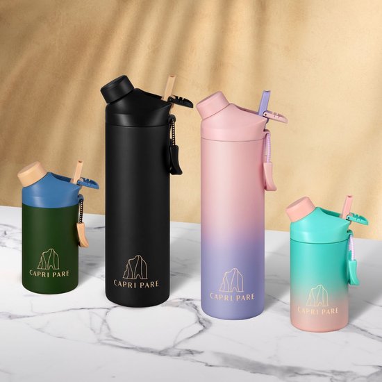CAPRI PARE Waterfles - 350ml - RVS - Kinderfles - Groen/Blauw - Dubbelwandig - Lekvrij - Met magnetische dop - Waterfles met drinktuit + rietje – BPA-vrij – Waterfles voor kinderen - Insulated - Drinkflessen - Waterflessen - Geïsoleerd