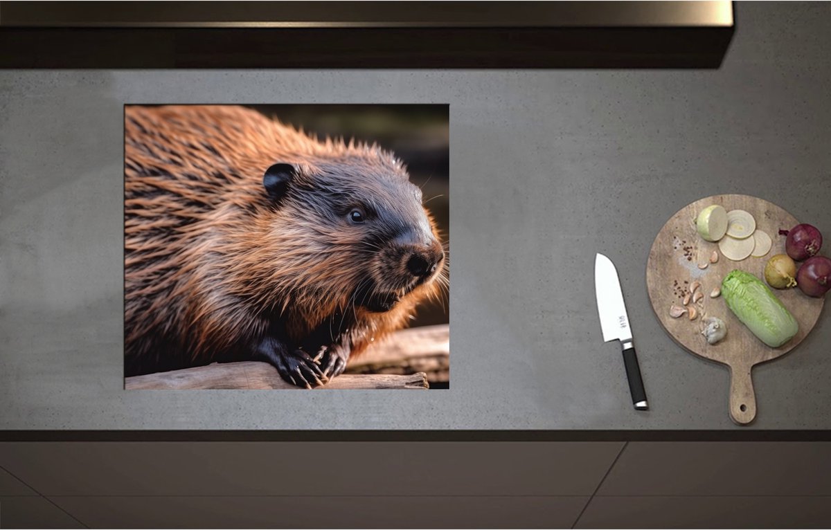 Inductieplaat Beschermer - Bever hangt met poten over stuk hout heen - 59x52 cm - 2 mm Dik - Inductie Beschermer - Bescherming Inductiekookplaat - Kookplaat Beschermer van Zwart Vinyl