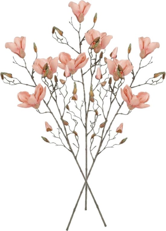 Mica Decorations Kunstbloem Magnolia tak - 3x - 88 cm - perzik roze - Kunst zijdebloemen