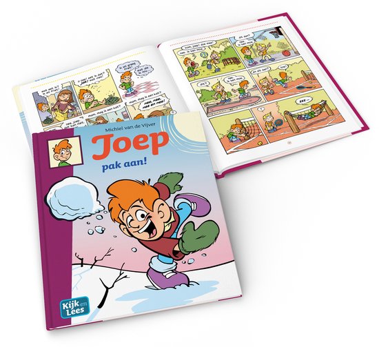 Bande dessinée ouverte avec sur la couverture Joep patinant et à l'intérieur des bandes carrées avec des histoires de bande dessinée, texte 'Joep pak aan!'