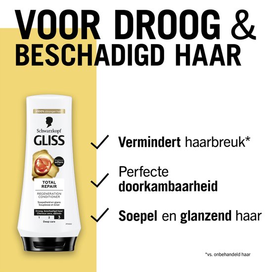 Bouteille de revitalisant Gliss Total Repair avec le texte '+100% de cheveux plus forts'. Avec des coches et le texte : Réduit la casse, Démêlage parfait, Cheveux souples et brillants.