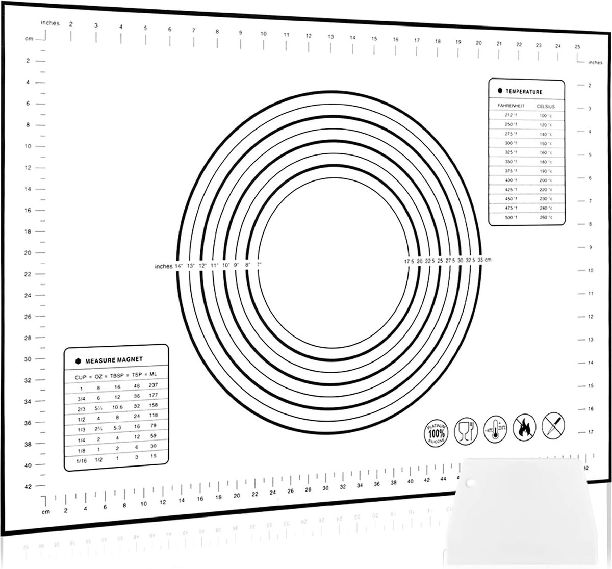 Grote siliconen bakmat van 60 x 80 cm, antislip, antiaanbakmat met maatvoering, voor fondant, gebak, pizza, BPA-vrij (zwart + schraper)