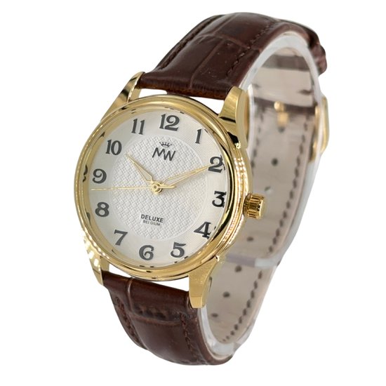 Mats-Watch - Collectie voor Dames - Bruine leren band - Horloge voor haar - goudkleurige kast - Belgische Merk - 25 jaar garantie - Sieraden - Deluxe - Belgisch kwaliteit - Limited Edition