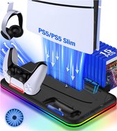 Docking Station geschikt voor PS5 Slim Charging Station - Oplaadstation Geschikt voor Playstation 5 - Accessoires Oplader Controllers - Headset Houder - Digital + Disc + Slim Edition