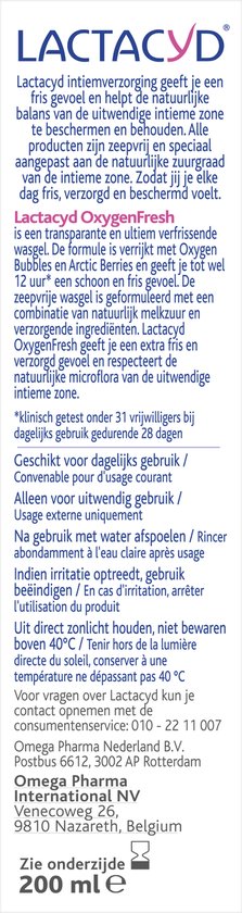 Fles met informatie over Lactacyd Oxygen Fresh intieme wasgel.