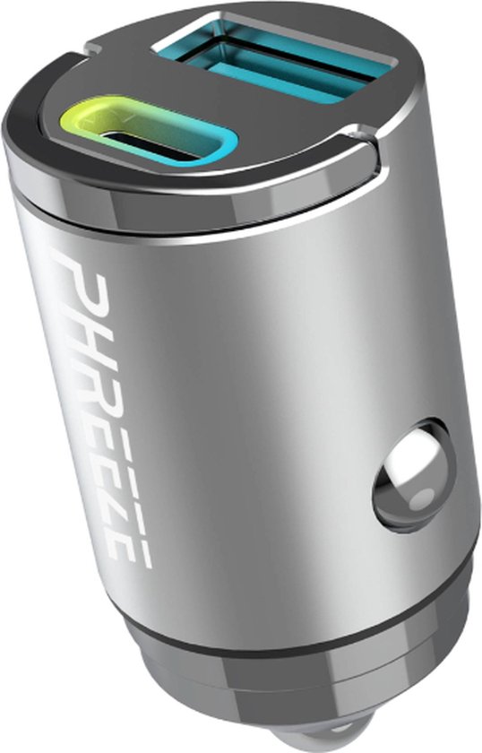 Mini Autolader 2 Poorten - 35W Max - Metalen Auto Oplader - Quick Charge + Power Delivery 3.0 - Snellader