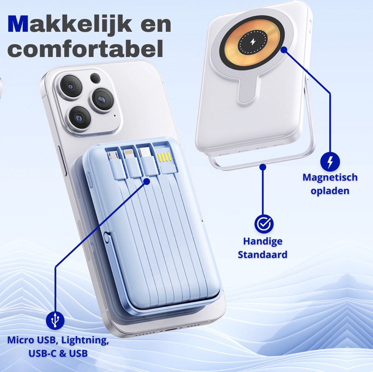 Afbeelding 3 van Powerbank MagSafe 10.000 mAh - 2024 Generatie Powerbank - 20W Draadloos Snelladen - 4-in-1 Oplaadopties (USB-C, Lightning, Micro-USB) - Compatibel met iPhone 12/13/14/15 & Samsung