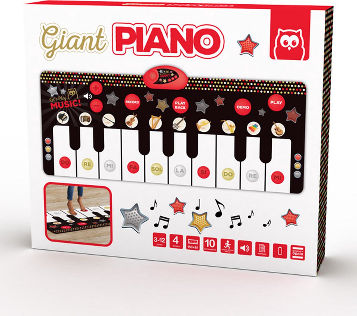 Eurekakids Giant Piano - Groot Keyboard Speelkleed - Reuze Pianomat - Vloerpiano met Opneemfunctie - 150 cm - Zwart