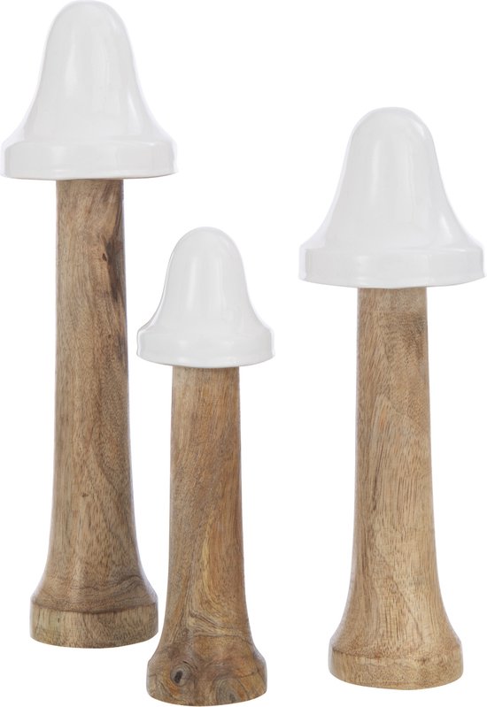 J-Line paddenstoelen Dun - hout - naturel/wit - 3 stuks