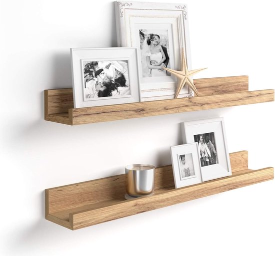 Foto: Wandplank set van 2 zwevende planken met hoogglans afwerking wandplank voor fotolijstjes en boeken woonkamer slaapkamer badkamer 77cm x 10cm x 4cm keuken bruin