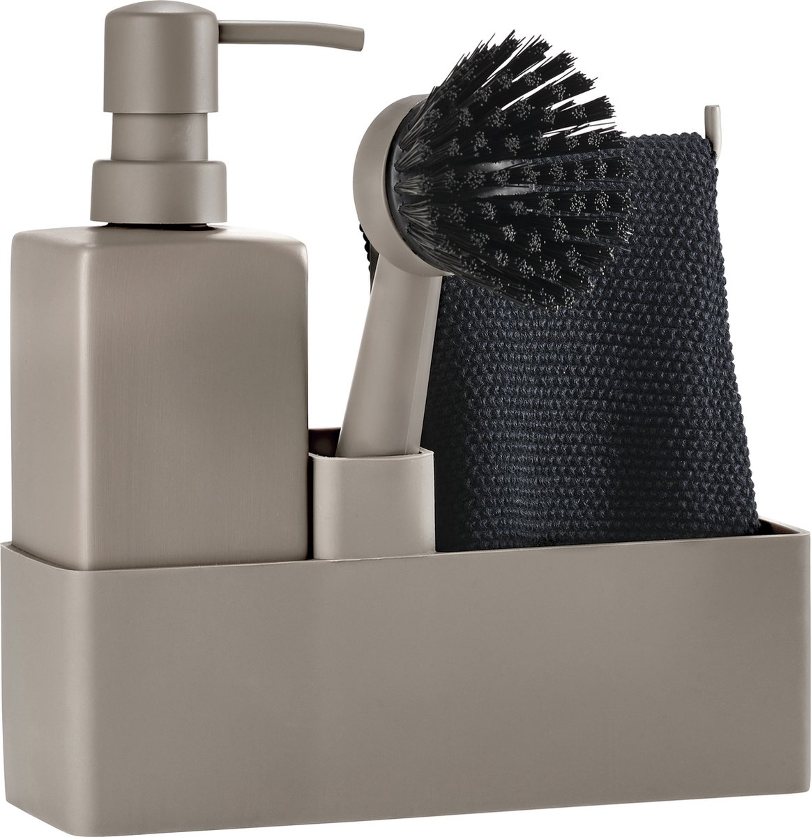 Goedkoopste Zone Denmark Afwasset 19 x 6 x 20,5 cm met vaatdoekje, keramieke zeepdispenser en afwasborstel- 4 stuks Taupe - afwas set