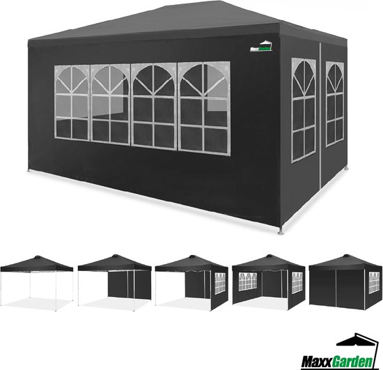 Een gesloten zwarte MaxxGarden partytent met 5 ramen aan de lange zijde en 2 ramen aan de korte zijde. Verschillende opstellingen zijn zichtbaar.