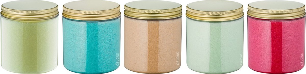 Goedkoopste Scrubzout - 300 gram - set van 5 verschillende geuren - Gouden Deksel - Zen Moment, Hamam, Appel-Kaneel, Eucalyptus en Fruity Melon - Hydraterende Lichaamsscrub - Cadeau